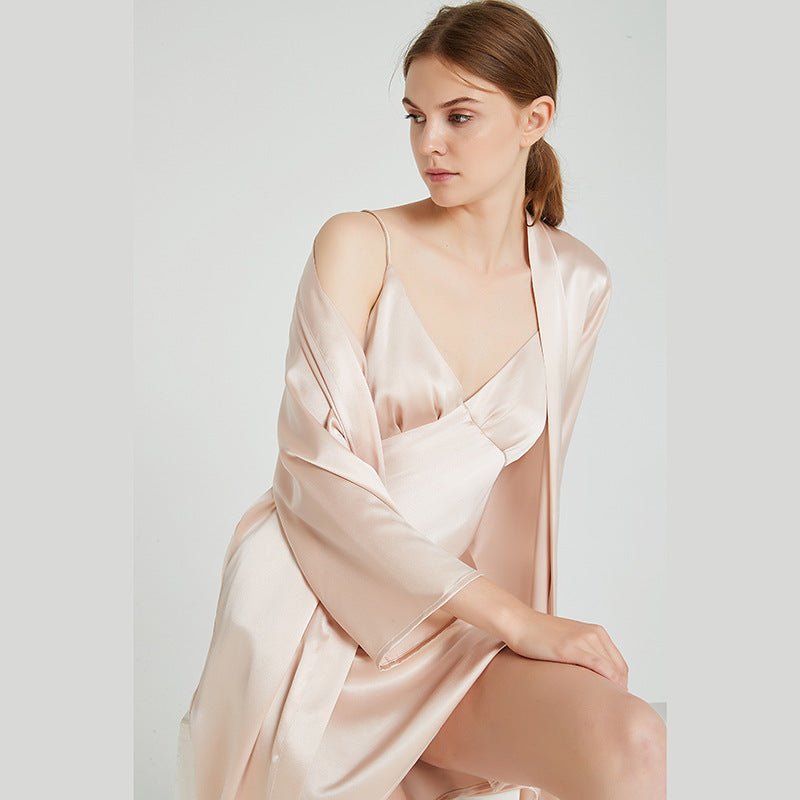 100% mulberry silk robe set with minimal V neck slip dress