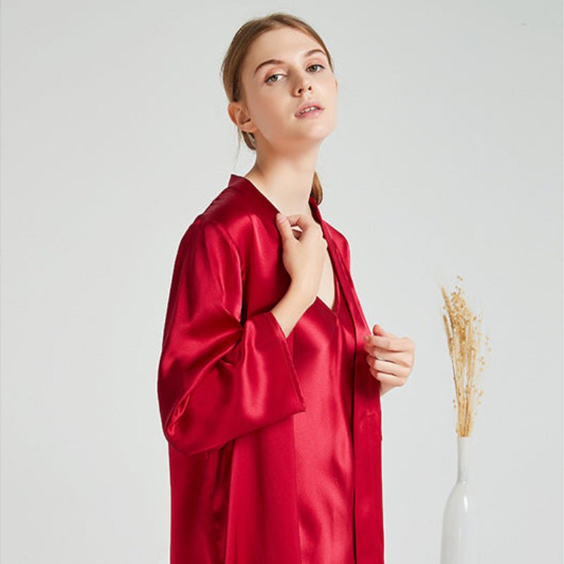 19 Momme French Style Silk Bridal Robe Set RedM for Women - SLEEPWEAR by CALYPHIA