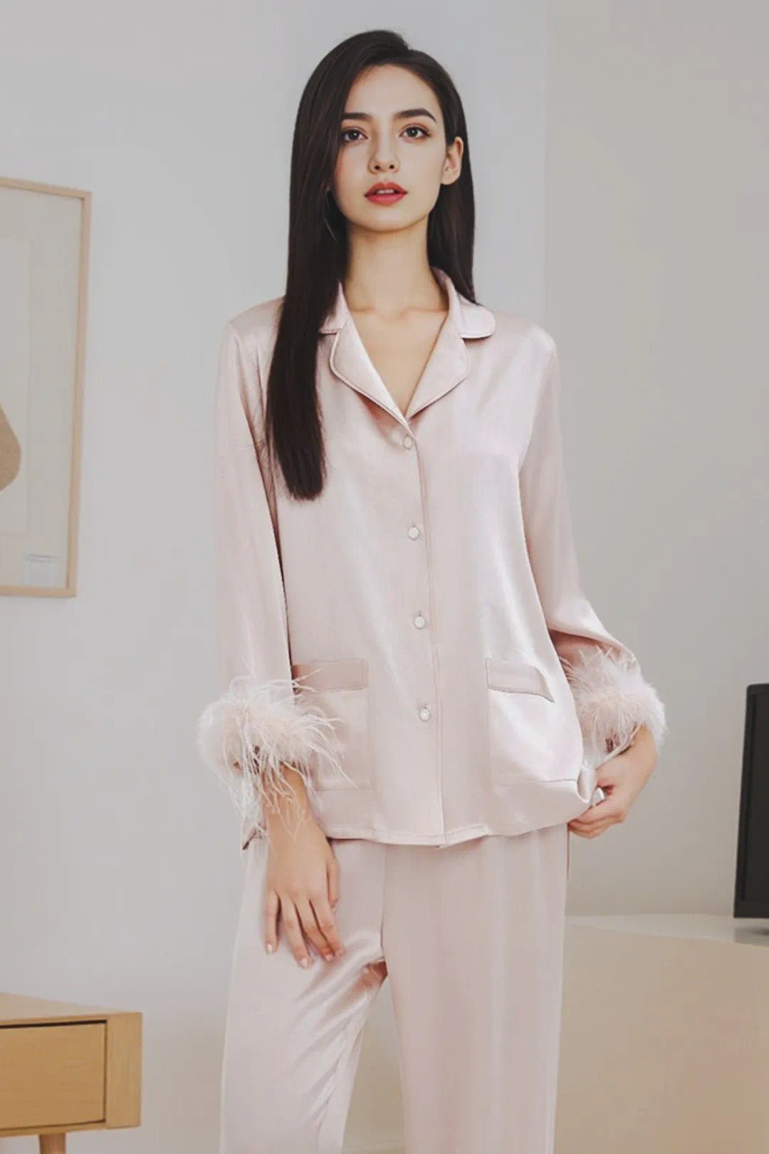 19 Momme Feather Trim Silk Pajamas Set PinkM for Women-SLEEPWEAR by CALYPHIA