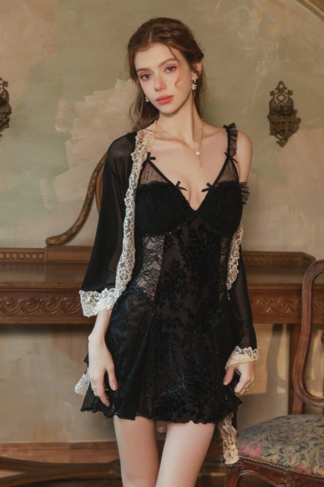 Burnout Velvet Lace Babydoll Lingerie Dress BlackM for Women-Babydoll Lingerie by CALYPHIA