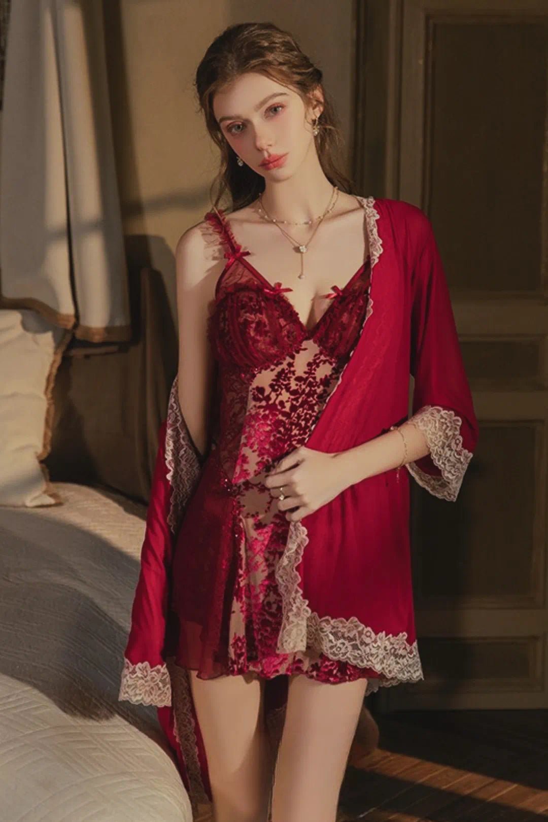 Burnout Velvet Lace Babydoll Lingerie Dress RedM for Women-Babydoll Lingerie by CALYPHIA