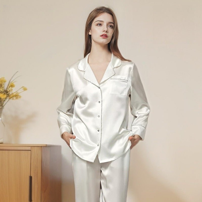 button front silk pajama set for women in 22 momme silk