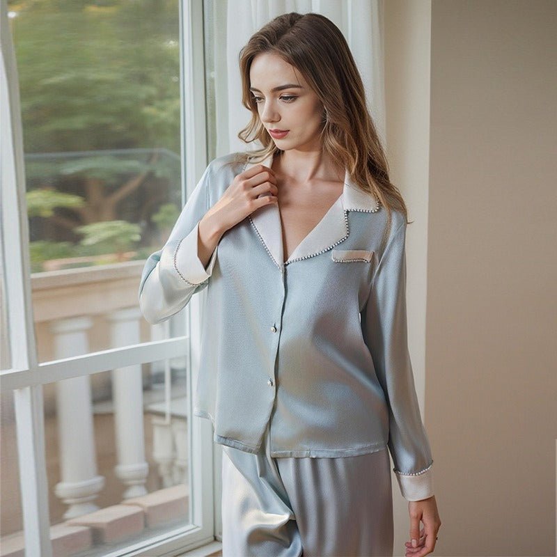 Elegant silk pajamas set for home wear with clean silhouette