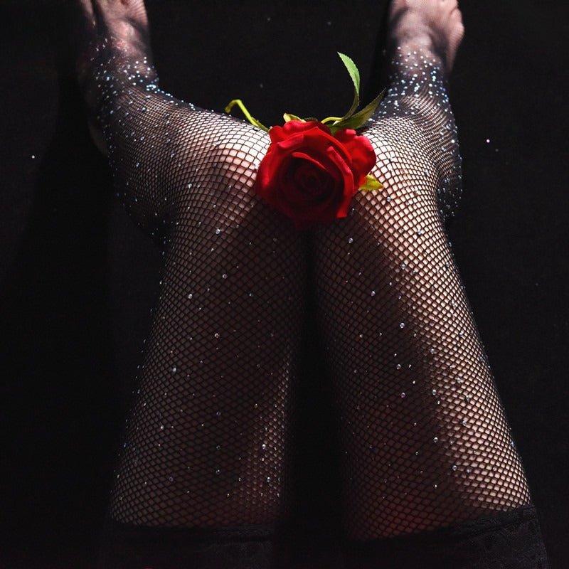 Fishnet Thigh Highs Rhinestone BlackOne Size (Fit for 40–62kg) for Women - Stockings & Tights by CALYPHIA