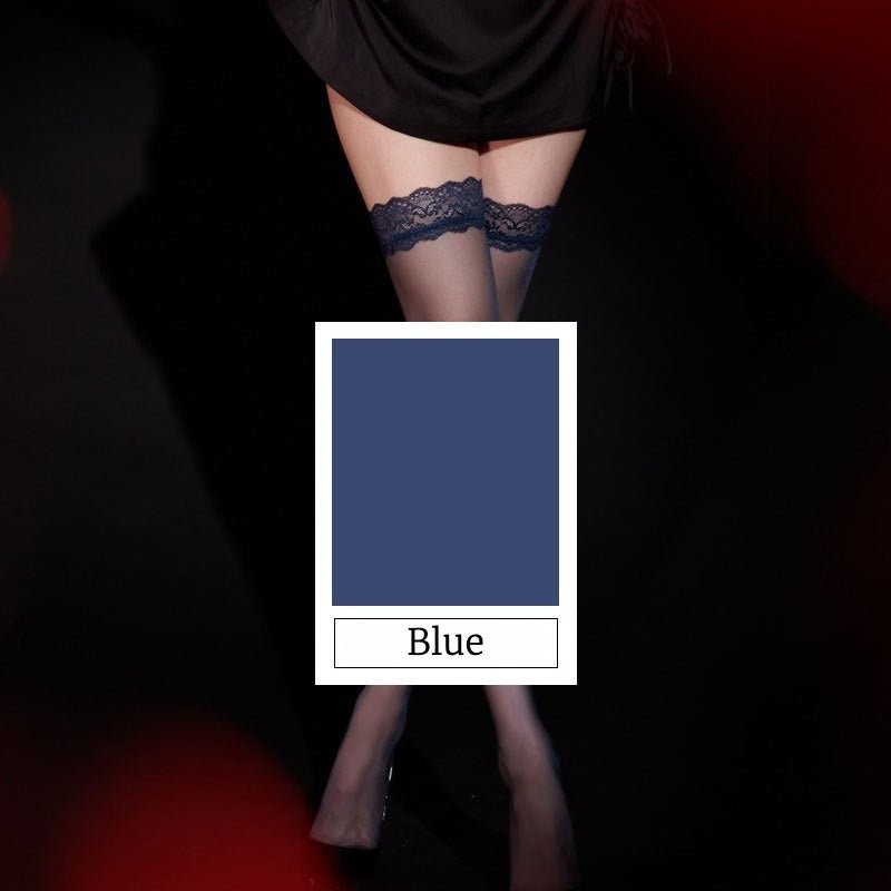 Black thigh high stockings with lace top for a sleek and elegant look