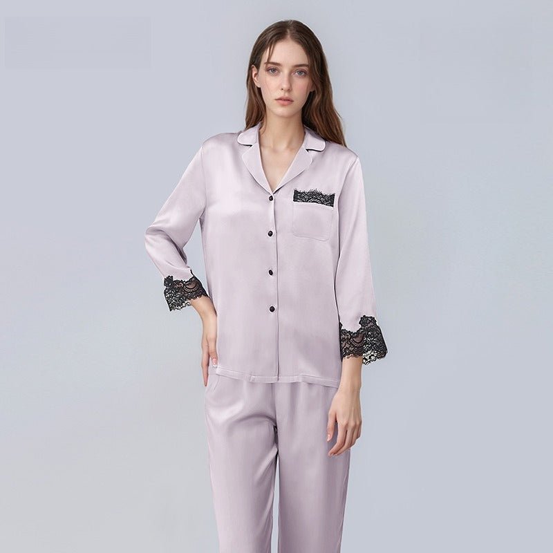 Lace trim silk pajama set women with elegant detail