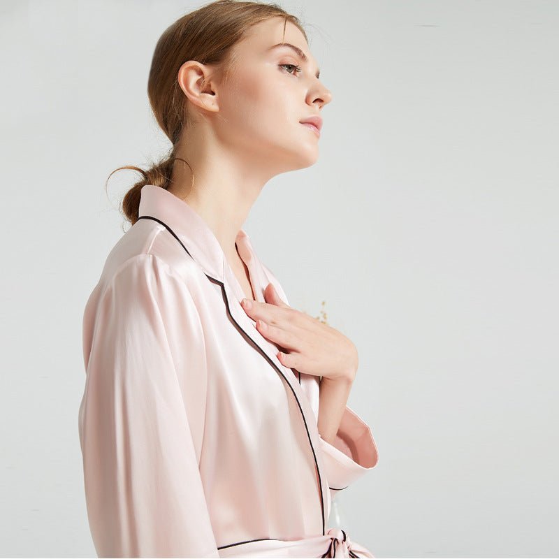 Long silk robe women front view with tie waist