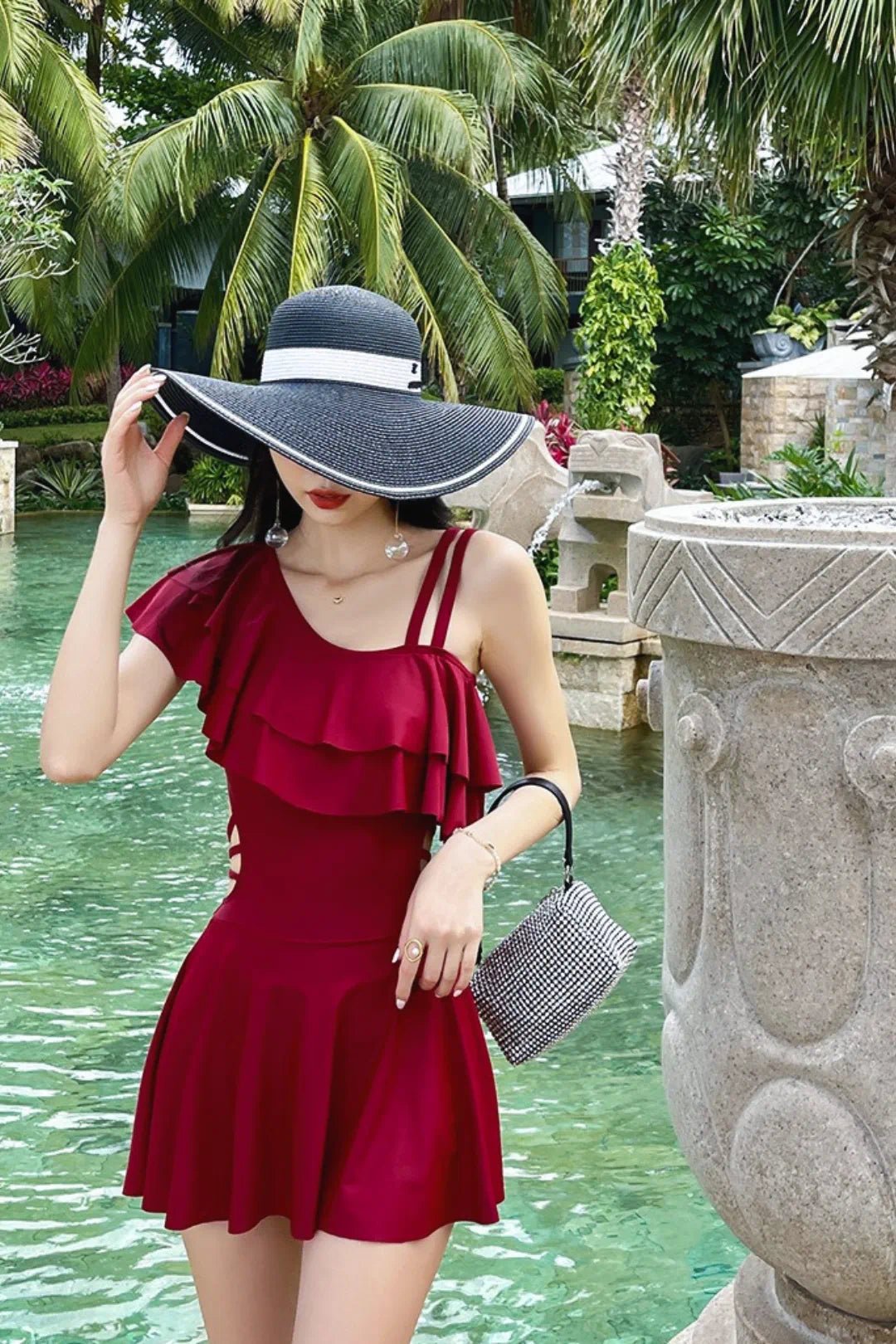 Modest Skirted One Piece Swimwear RedM for Women - Swimwear by CALYPHIA