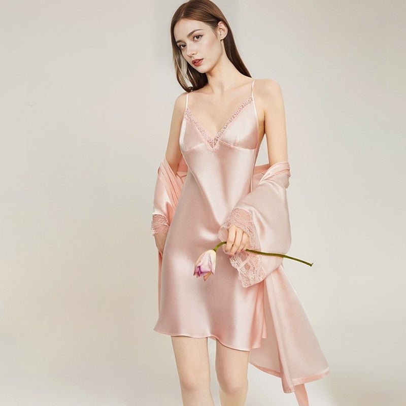 Mulberry silk lace robe set for women with V neck slip dress