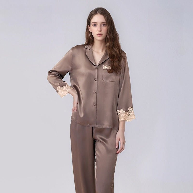 Mulberry silk pajama set women brown long sleeve elegant style