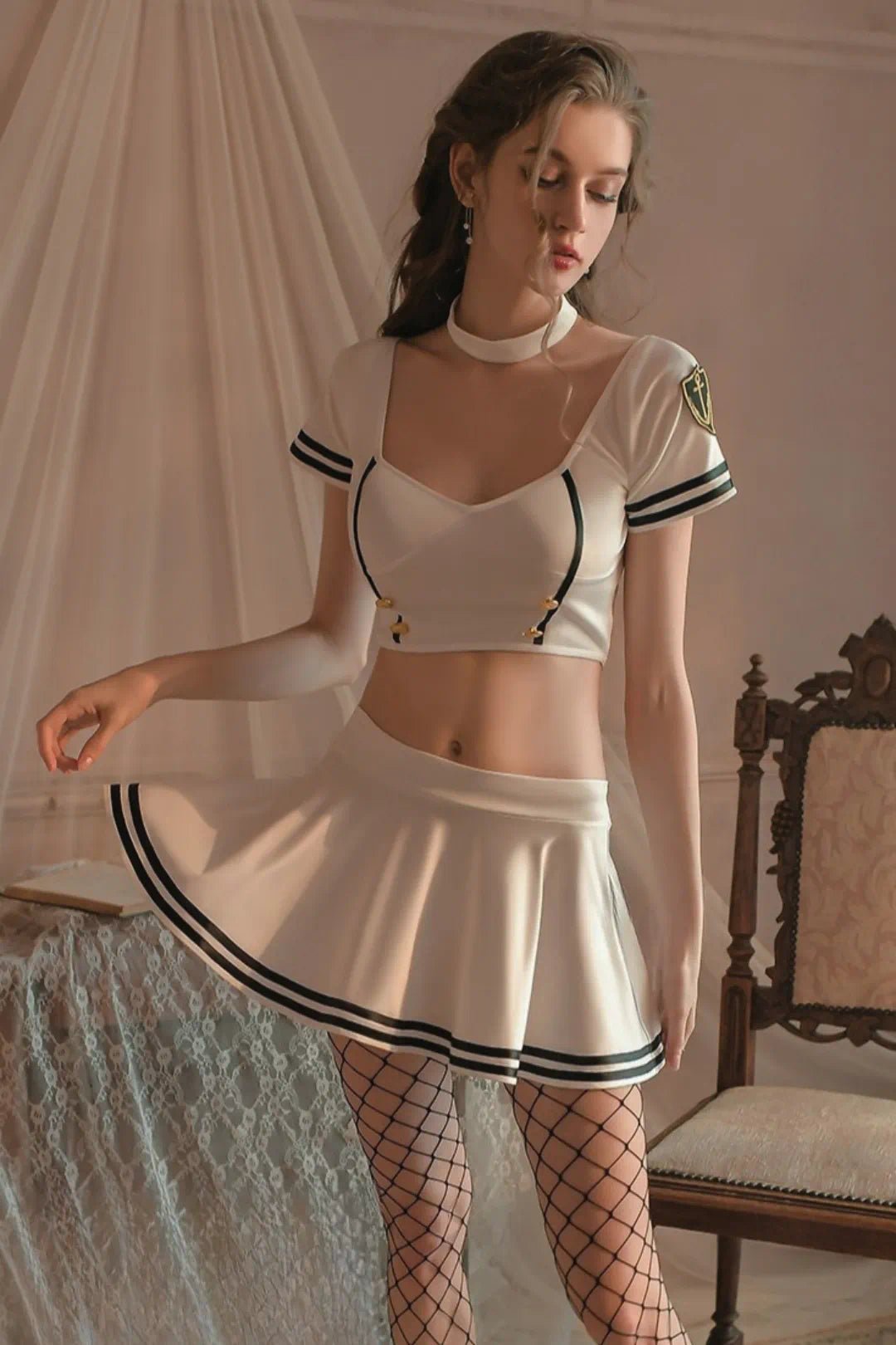 Sailor Roleplay Lingerie Set WhiteOne Size (Fit for 40–62kg) for Women-Roleplay Lingerie by CALYPHIA