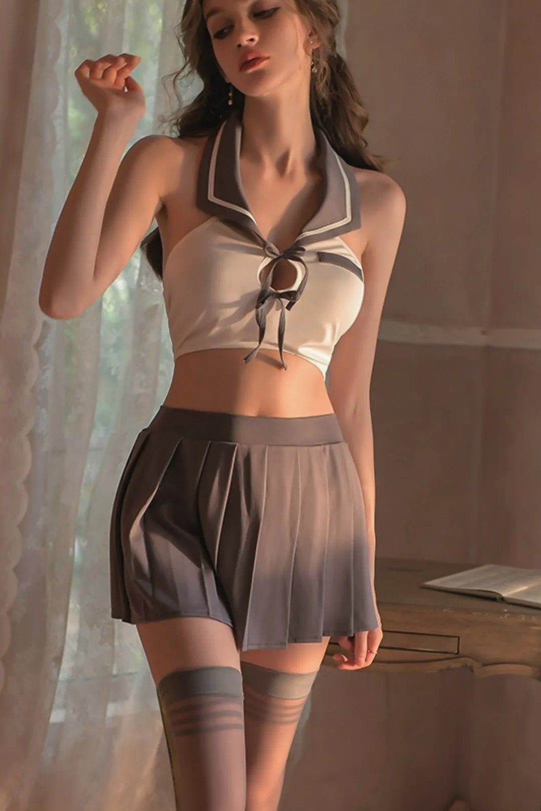 Schoolgirl Roleplay Lingerie Set GrayOne Size (Fit for 40–62kg) for Women-Roleplay Lingerie by CALYPHIA