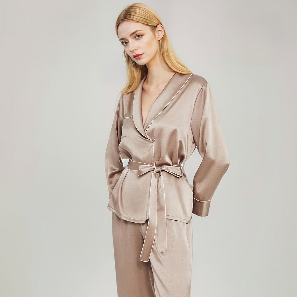 Silk pajamas set with tie waist design for comfortable and adjustable fit