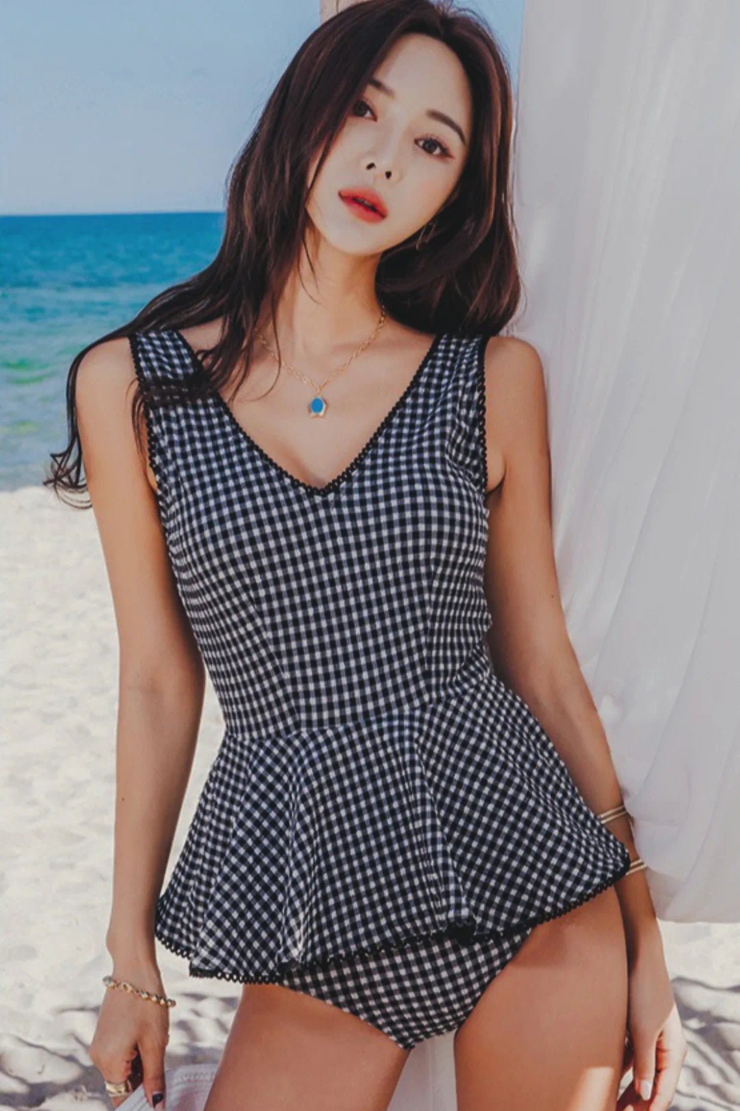 Tummy Control Skirted Swim Dress PlaidM for Women - Swimwear by CALYPHIA