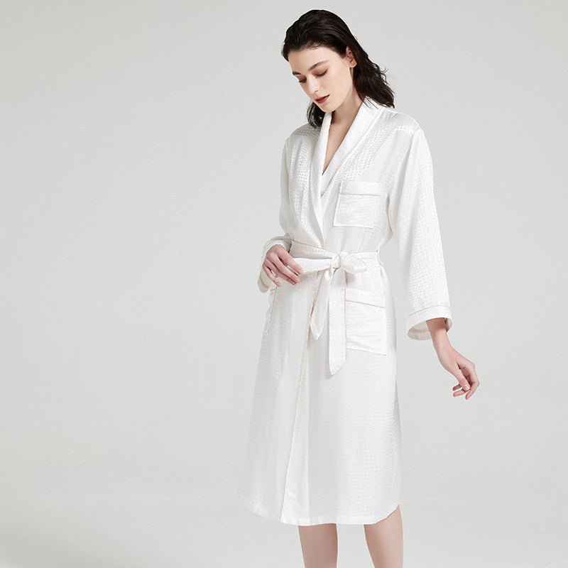 women’s silk lounge robe in white with relaxed silhouette