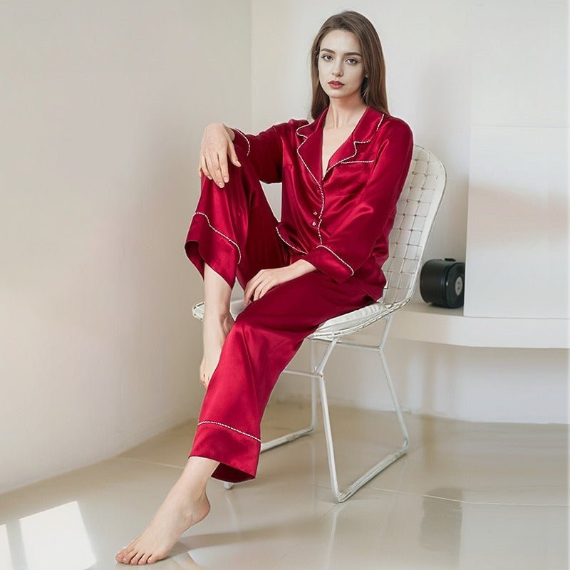 Womens silk pajama set front view with polished silhouette