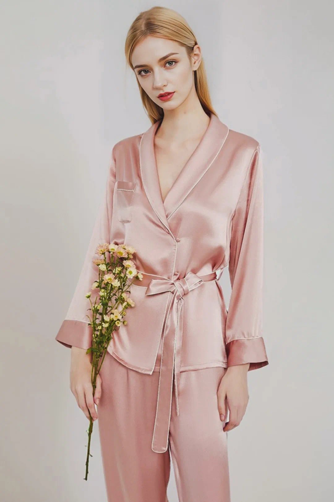 19 Momme Robe Style Silk Pajamas Set PinkM for Women-SLEEPWEAR by CALYPHIA