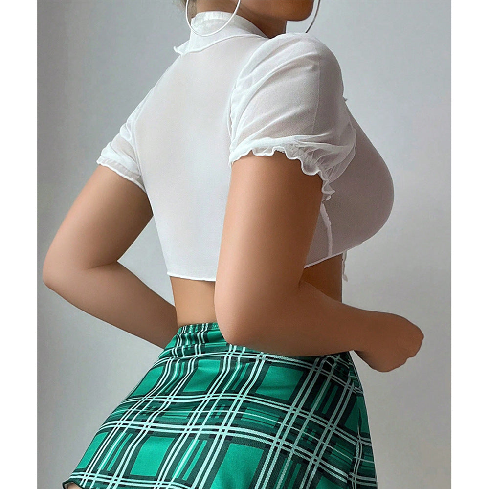 欧美跨境外贸性感情趣内衣激情诱惑制服上衣格子短裙丁字裤三件套