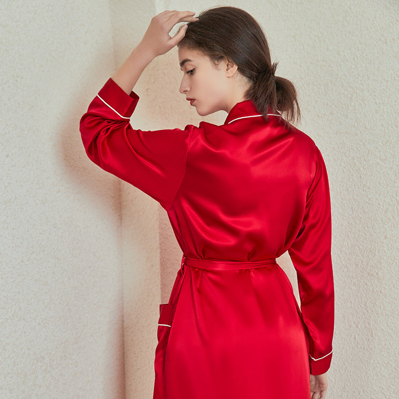 19姆米真丝睡袍长款女桑蚕丝休闲翻领浴袍性感家居服新娘婚礼晨袍