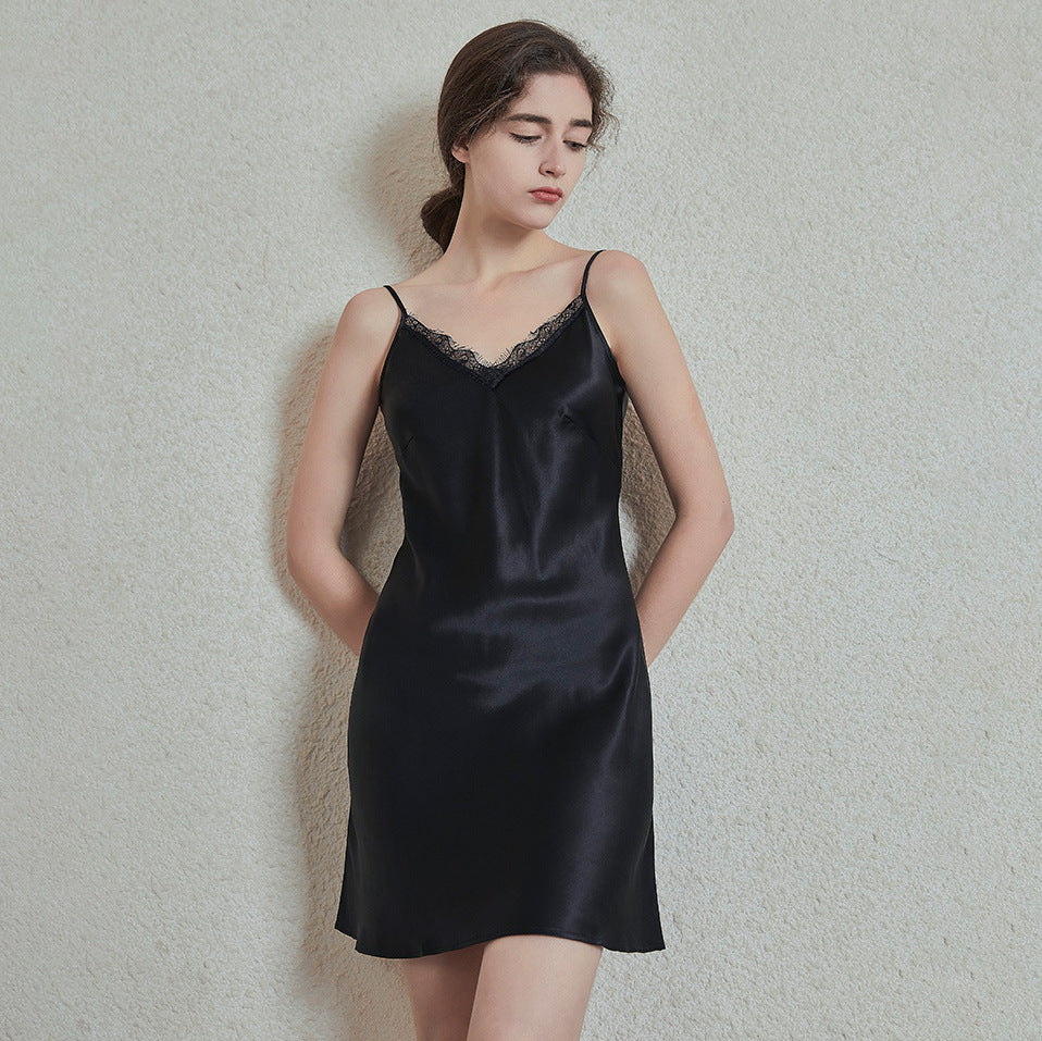 蝶绣经典款真丝睡裙性感蕾丝露背吊带裙100%桑蚕丝睡衣家居服女夏