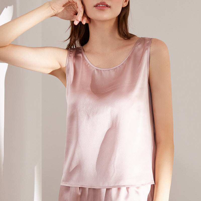 蝶绣19姆米100%桑蚕丝重磅真丝背心短裤套装夏季无袖家居服睡衣女
