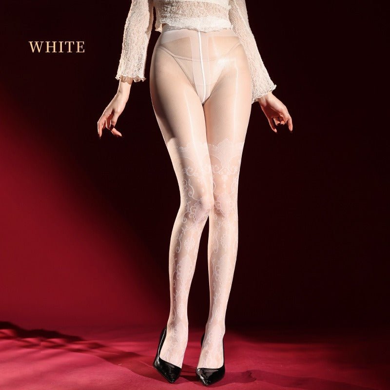 baroque glossy crotchless tights with floral leg pattern