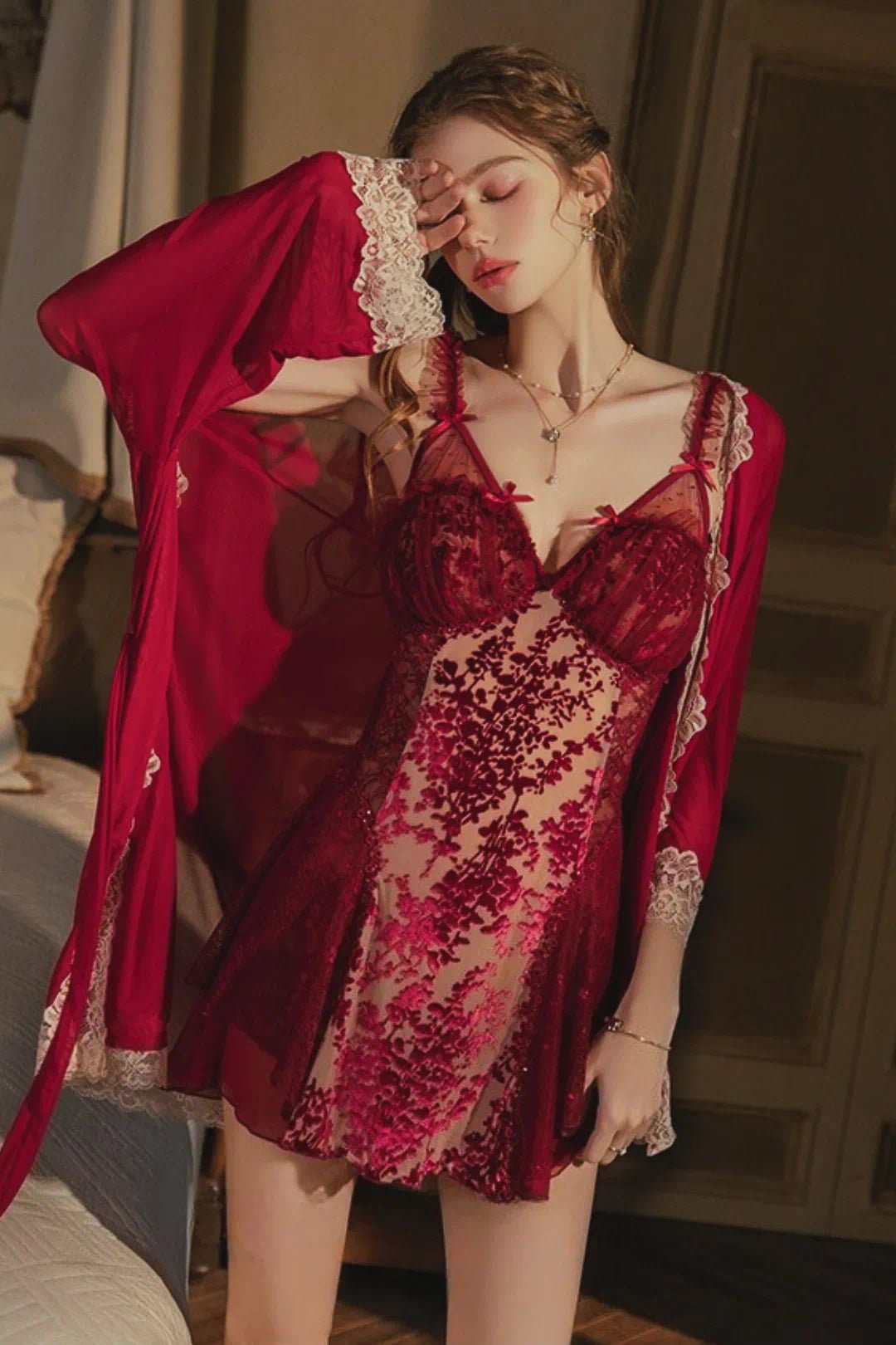 Burnout Velvet Lace Babydoll Lingerie Dress RedM for Women-Babydoll Lingerie by CALYPHIA