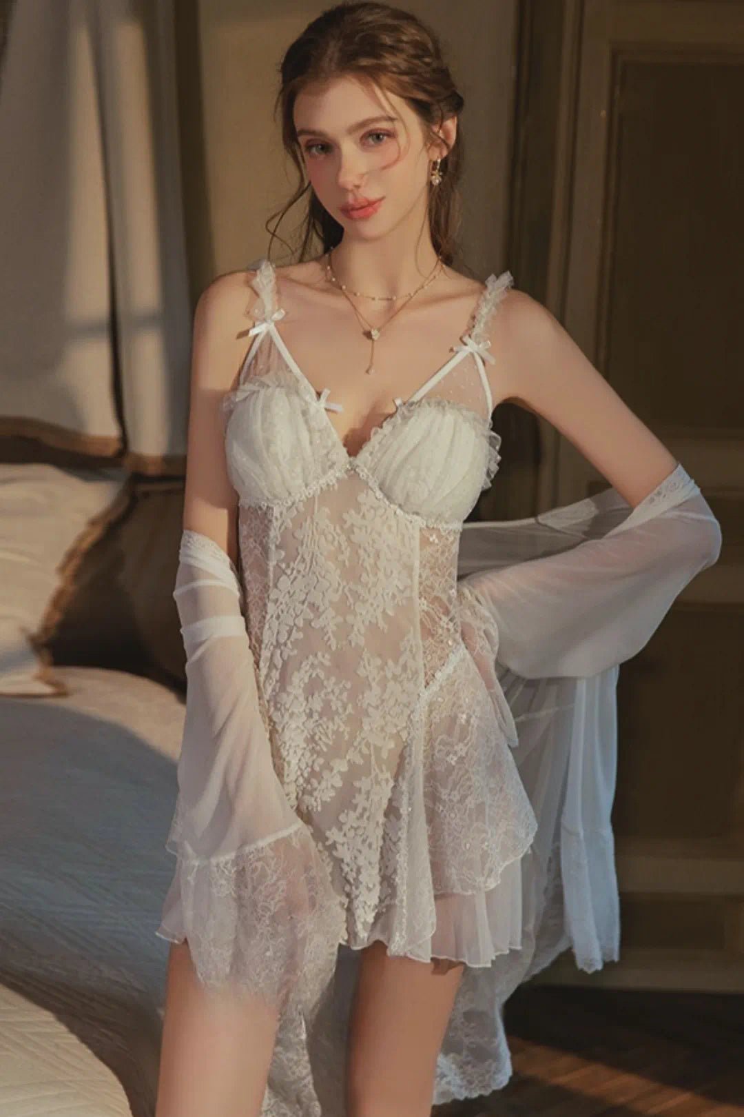 Burnout Velvet Lace Babydoll Lingerie Dress WhiteM for Women-Babydoll Lingerie by CALYPHIA