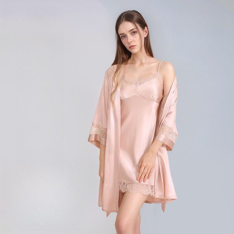 Elegant silk sleepwear two piece set with lace detail and soft drape