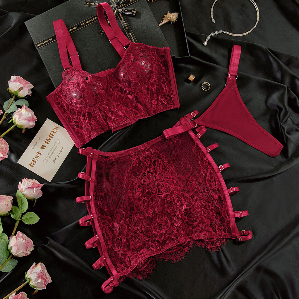 embroidered red lingerie set with floral lace design