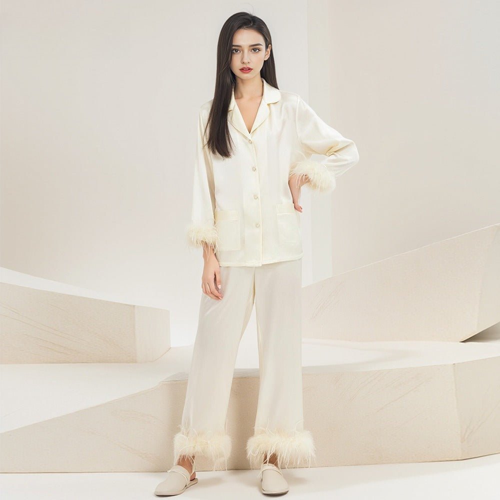 Feather trim silk pajamas set with elegant cuff detail and refined finish