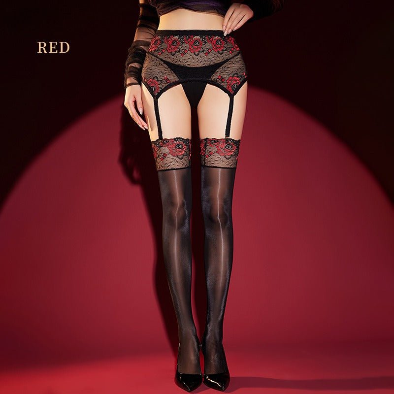 floral lace garter hosiery set with purple decorative detail
