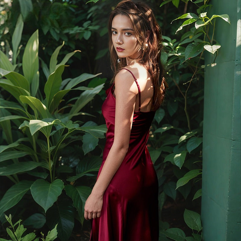 green silk evening dress with side slit and fluid silhouette