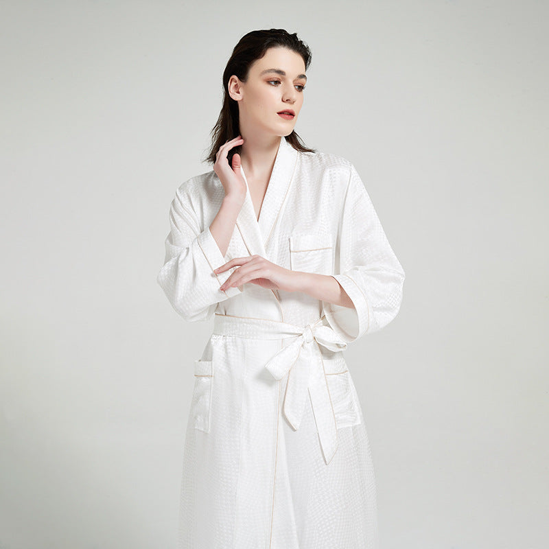 jacquard mulberry silk robe in a long elegant lounge style