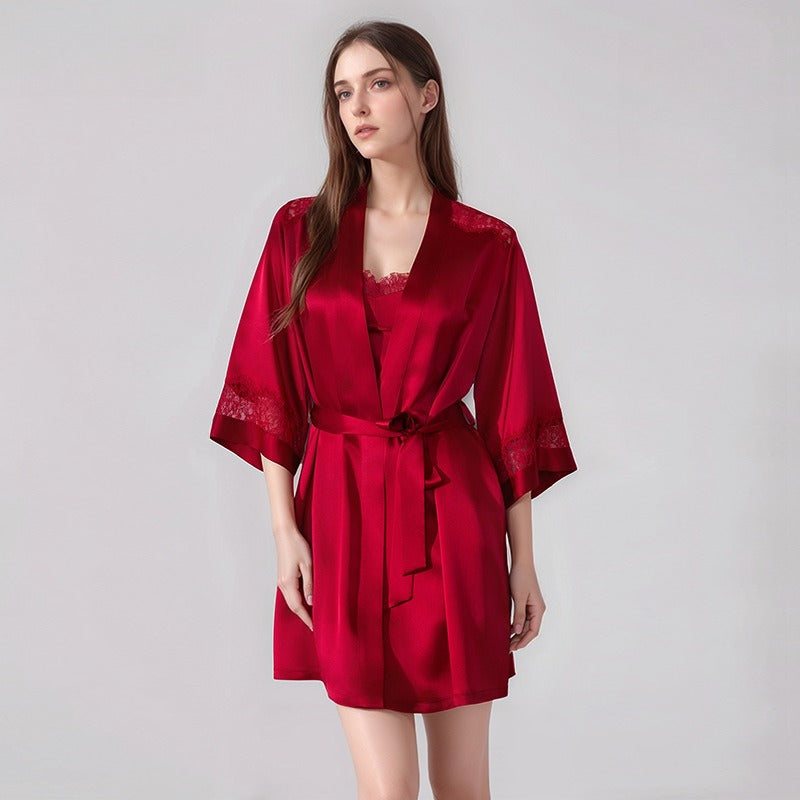 Lace trim silk nightgown set with soft slip dress and matching robe