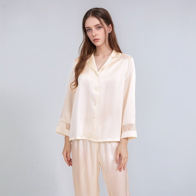 lace trim silk pajama set with feminine detail