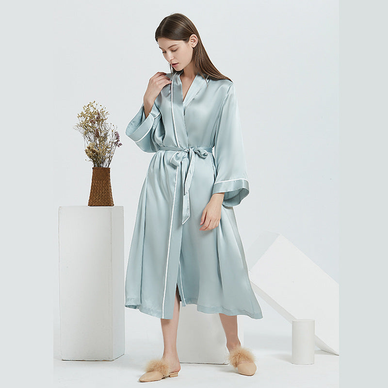 Long silk robe women front view with tie waist design