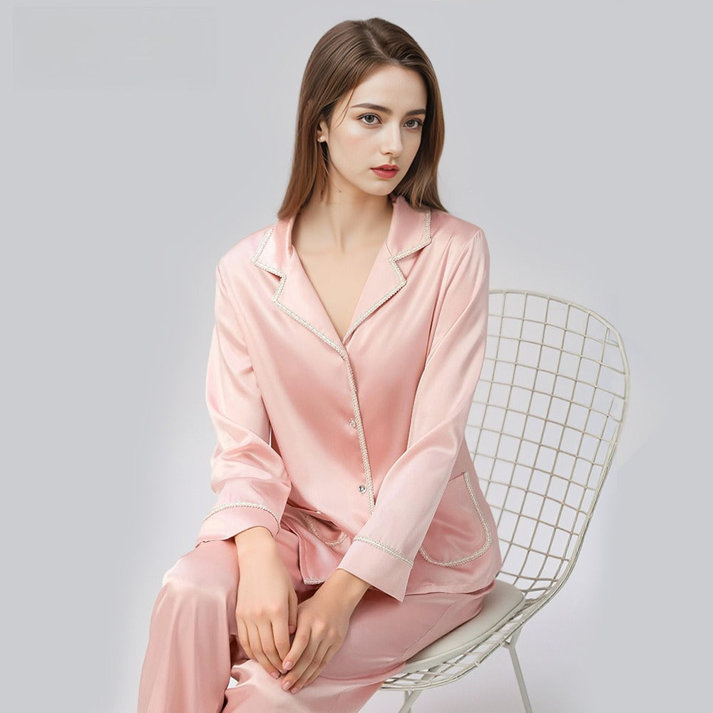 long sleeve silk pajama set with classic button design
