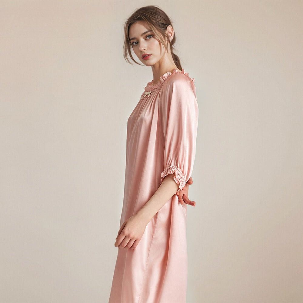 Loose silk nightgown for women with puff sleeves