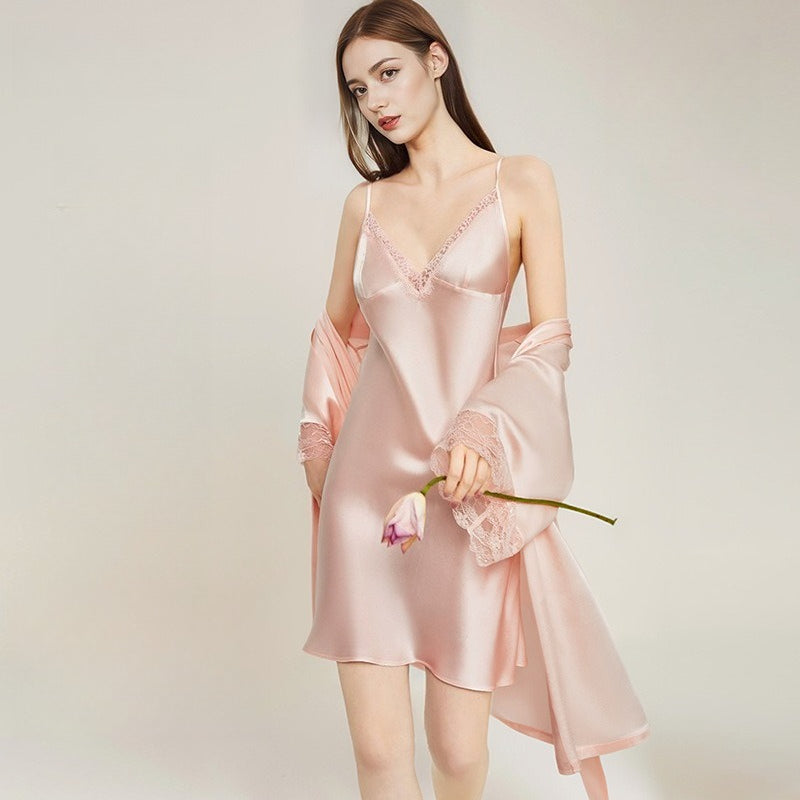 Mulberry silk lace robe set for women with V neck slip dress