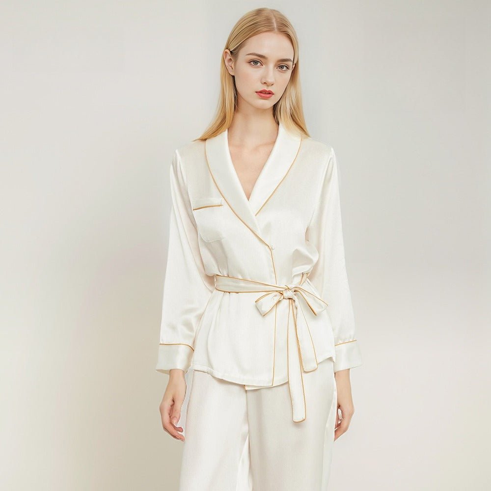 Mulberry silk lounge set with robe design and adjustable waist tie