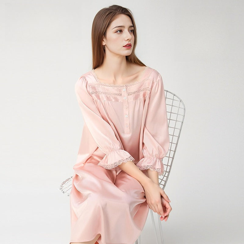 mulberry silk nightdress square neck puff sleeve elegant pink silk dress