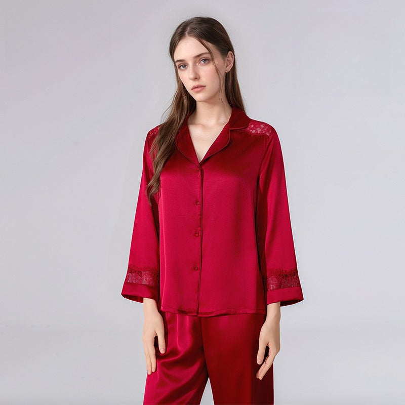 mulberry silk pajama set red lace trim elegant loungewear