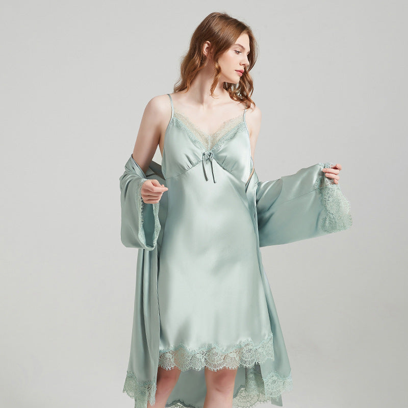Mulberry silk robe set women with lace slip dress