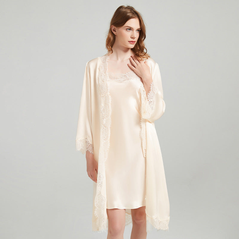 Mulberry silk robe set women with lace slip dress