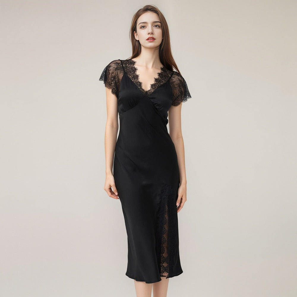 mulberry silk slip dress black lace fitted elegant side slit dress