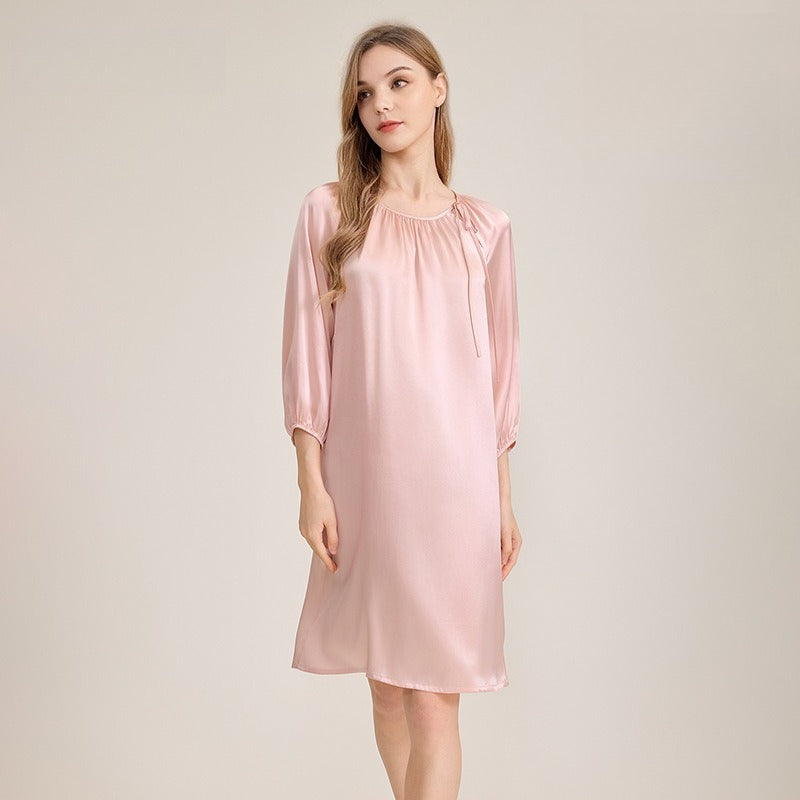 relaxed French silk sleep dress with soft gathered neckline