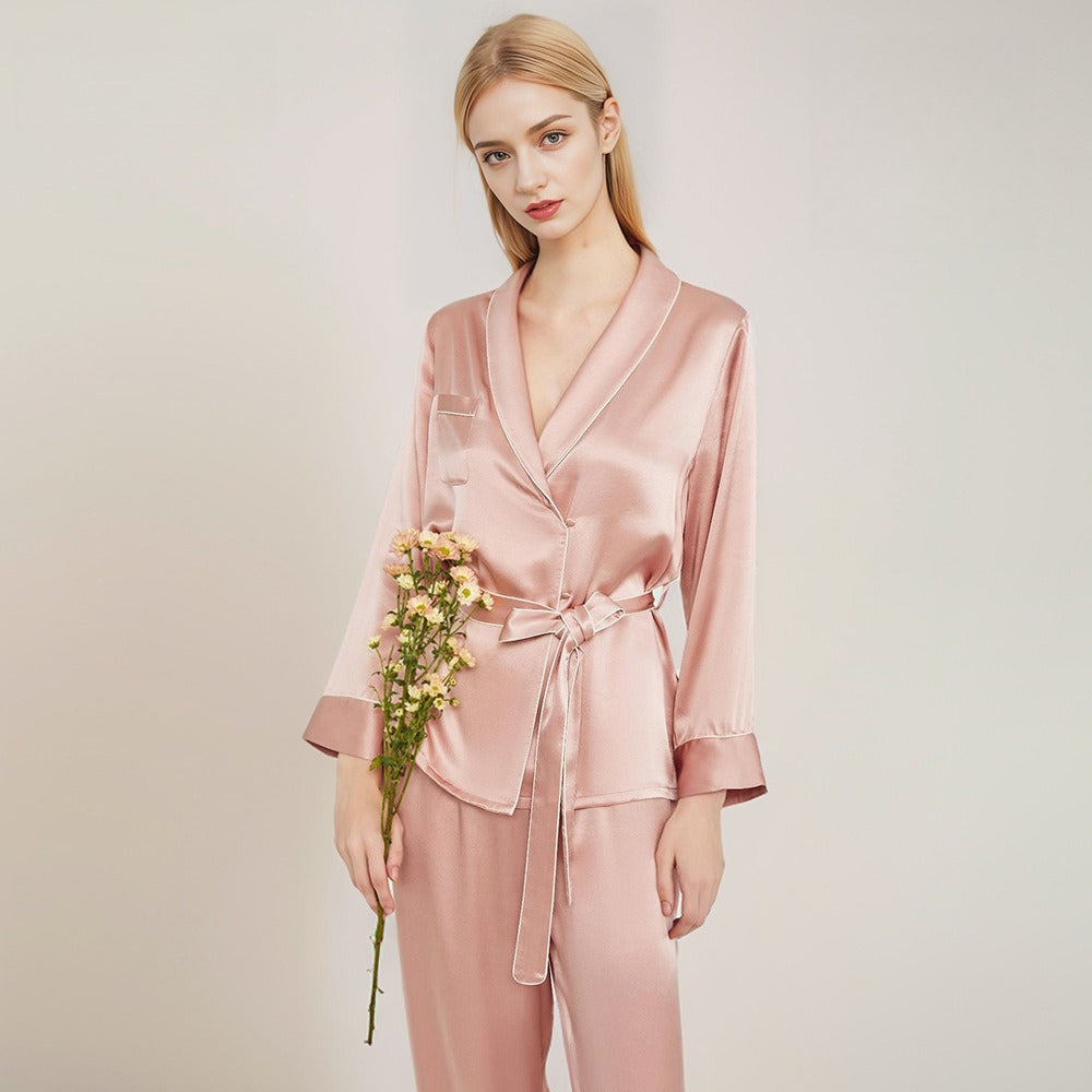 Robe style silk pajamas set for women with relaxed fit and elegant look