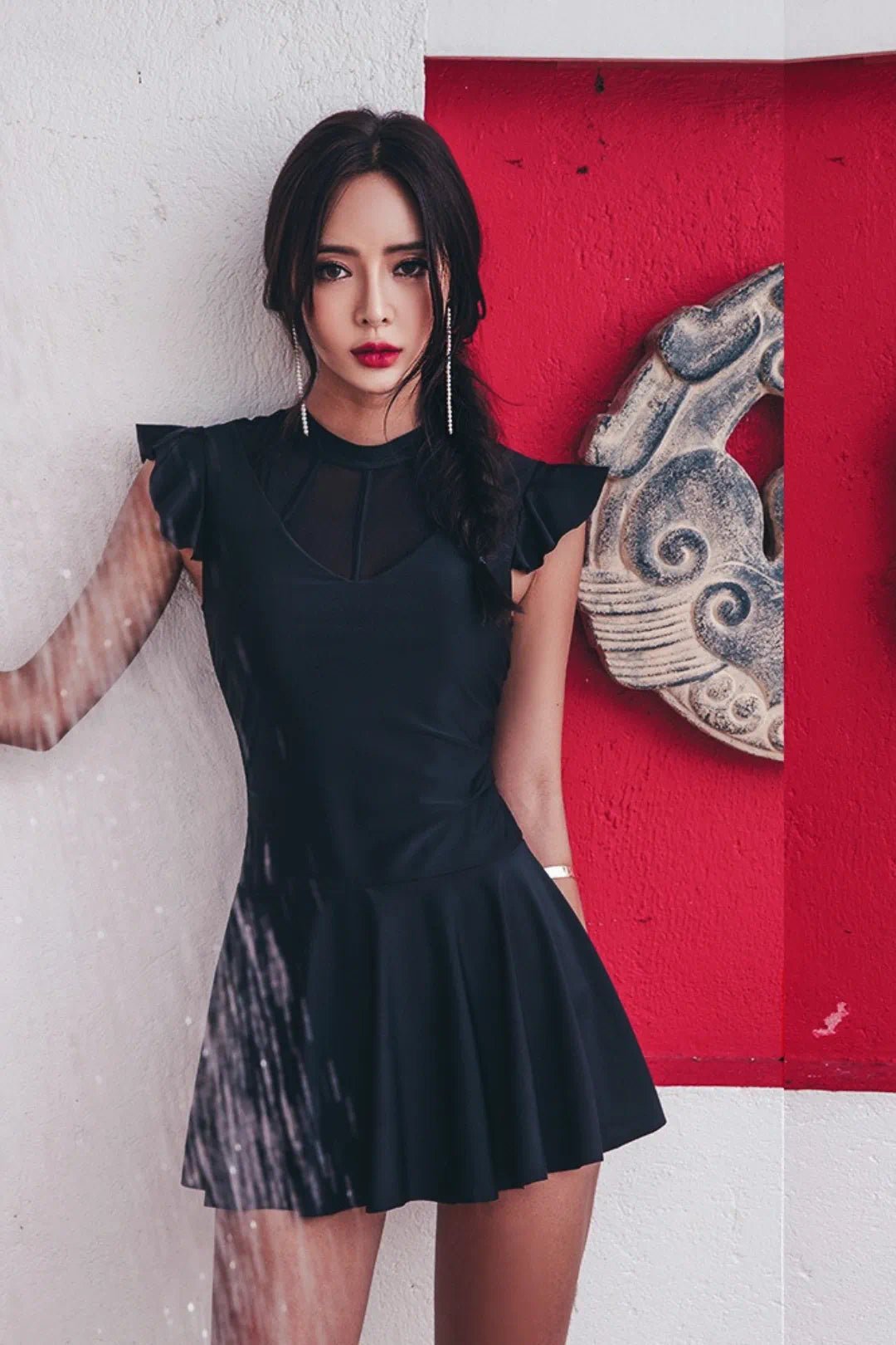 Ruffle Backless Swim Dress BlackM for Women - Swimwear by CALYPHIA