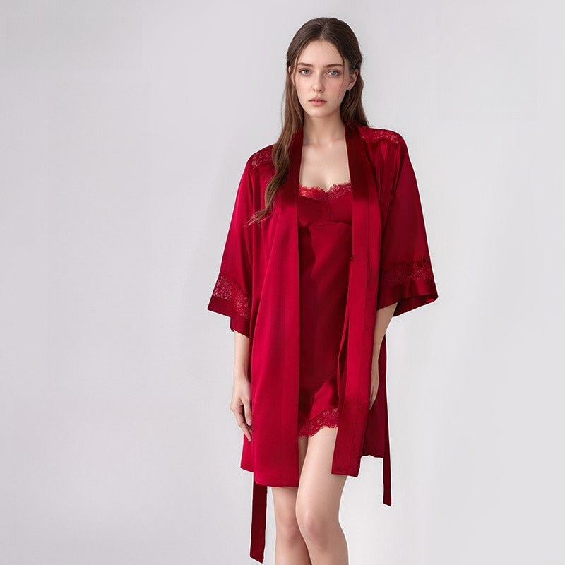 Silk nightgown and robe set with lace trim and elegant two piece design